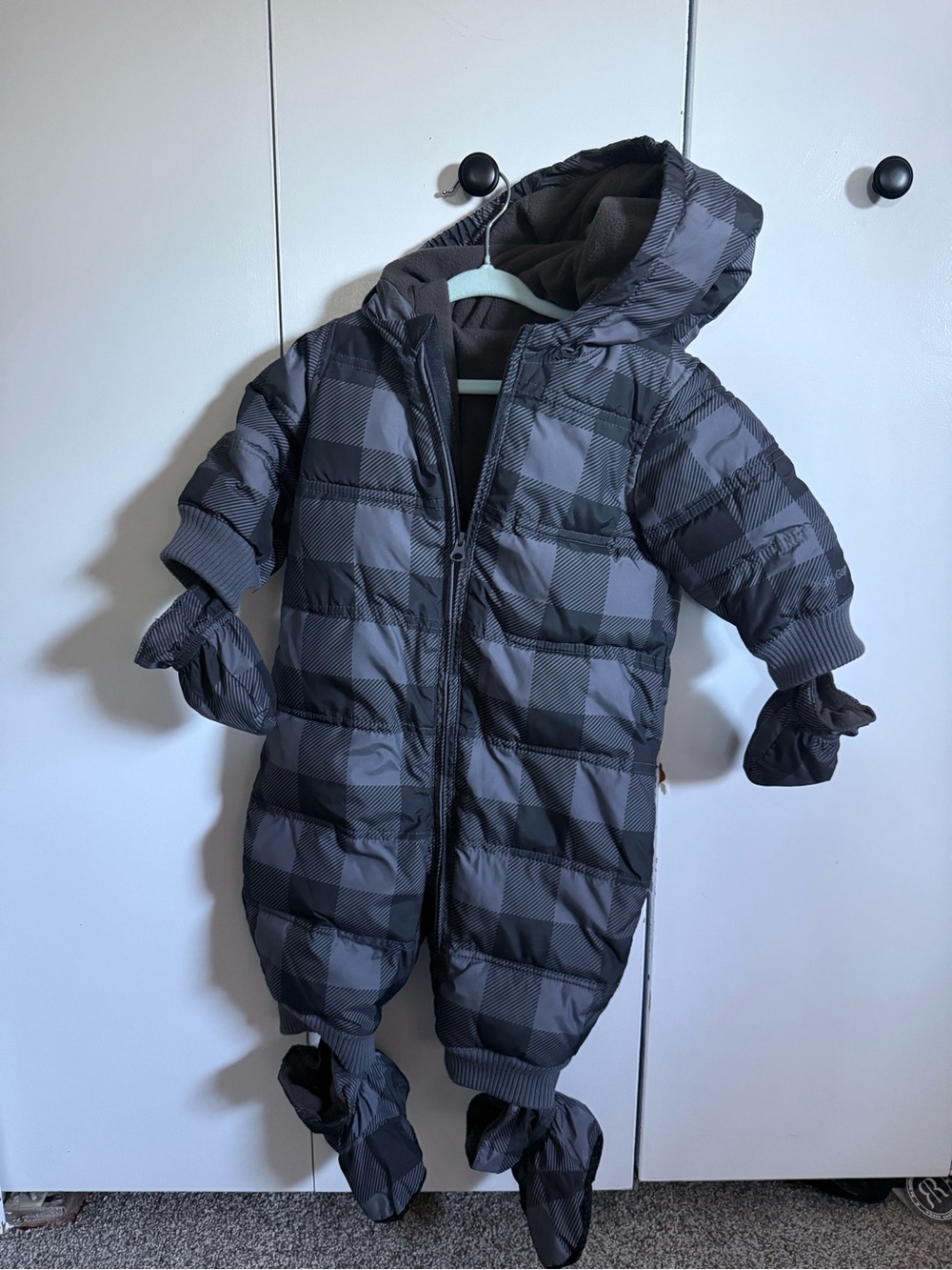 Baby Gap Gray Plaid Puffer One-Piece Snowsuit - Hooded